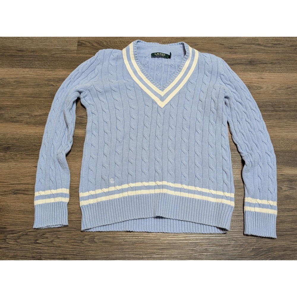 Lauren Ralph Lauren Light Blue Cable Knit V-Neck Striped Trim Sweater Womens M